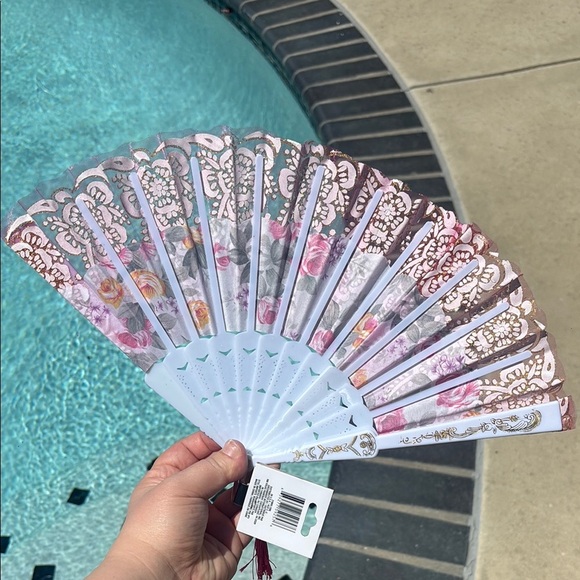 Elegant Pink Floral Hand Fan with Gold Accents - Picture 2 of 5